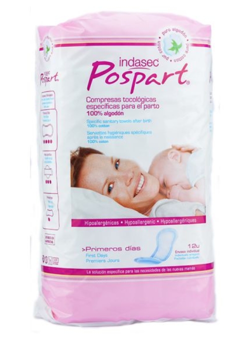 COMPRESA POSTPARTO INDASEC PRIMEROS DIAS ALGODON 12 UDS