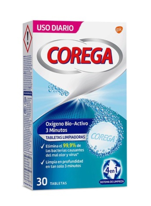 TABLETAS LIMPIADORAS DE PROTESIS COREGA OXIGENO BIO-ACTIVO 30 UDS